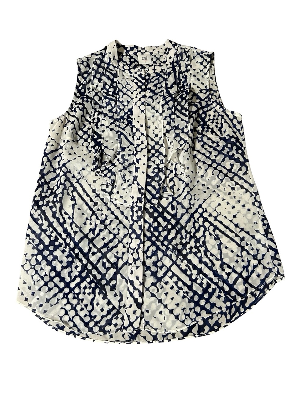 Cabi Sleeveless
Blouse Size S Blue White Abstract
Print Ruffle Front - Picture 3 of 6